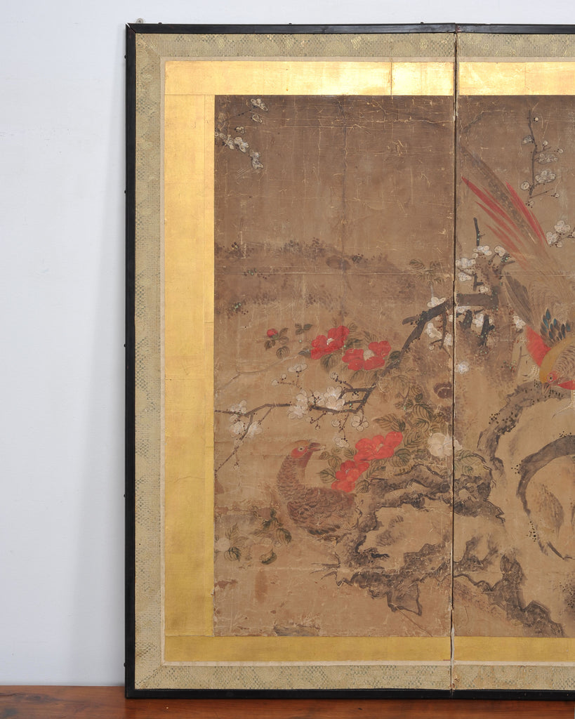 18th C. Japanese Edo Two-Panel Screen Pheasants Floral Landscape