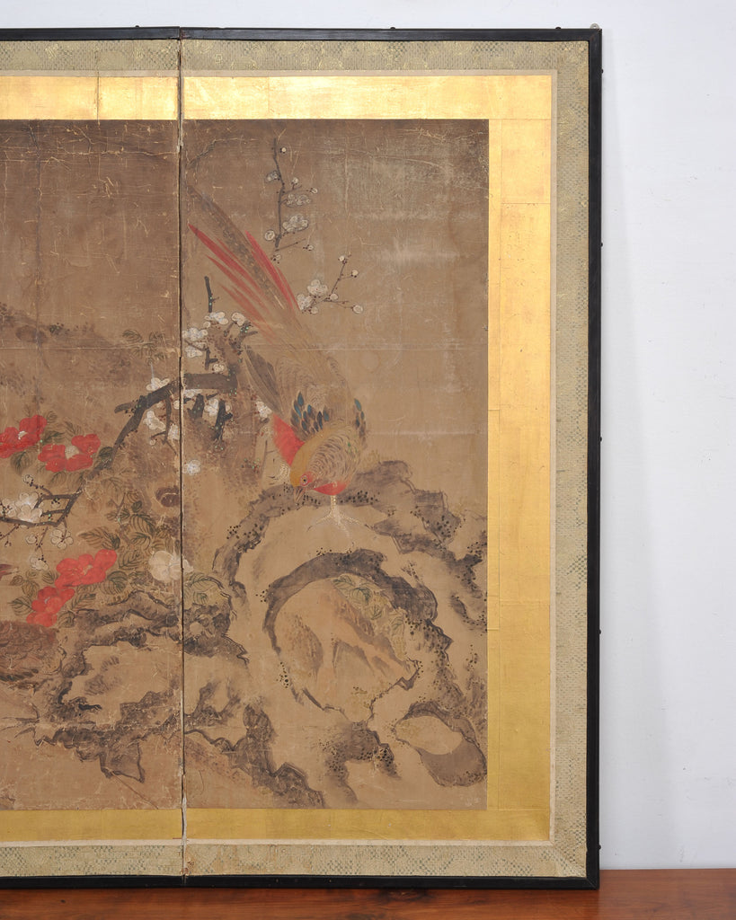 18th C. Japanese Edo Two-Panel Screen Pheasants Floral Landscape