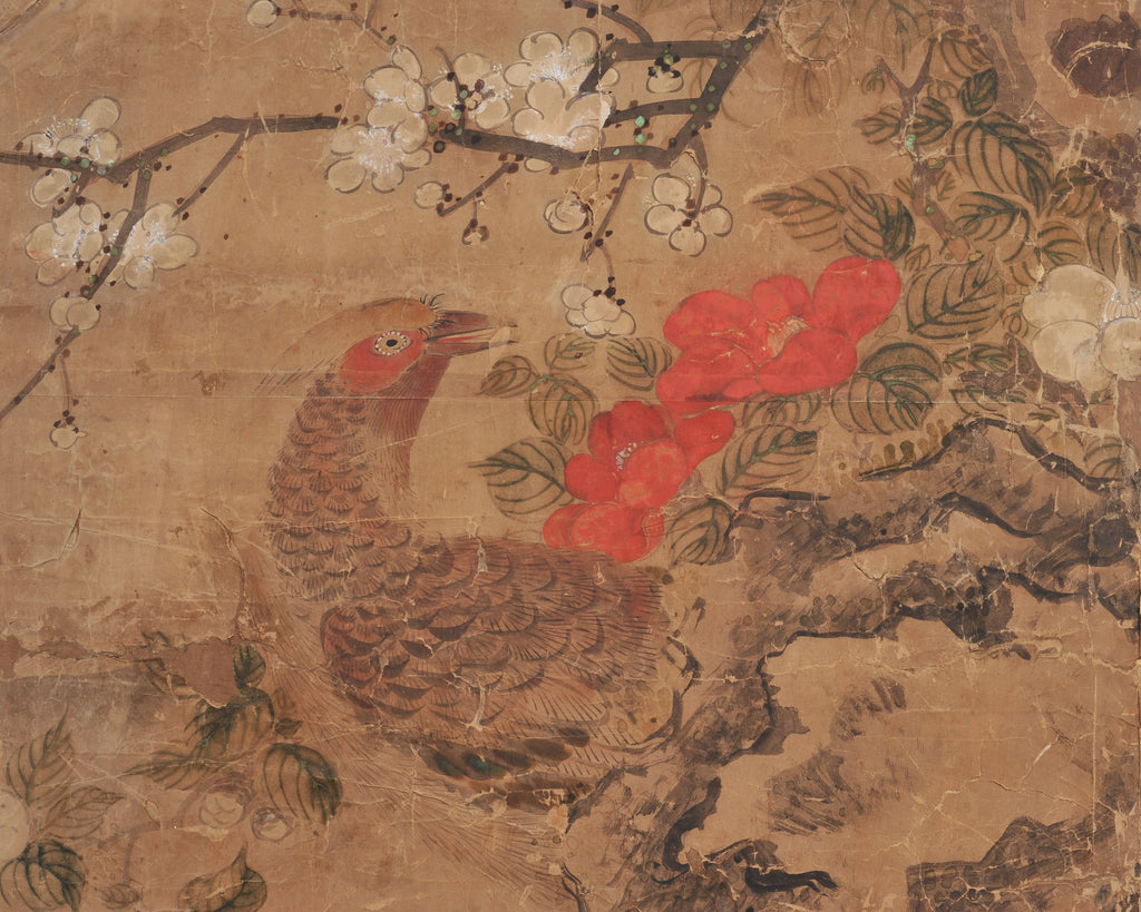 18th C. Japanese Edo Two-Panel Screen Pheasants Floral Landscape