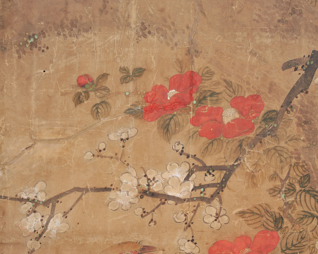 18th C. Japanese Edo Two-Panel Screen Pheasants Floral Landscape