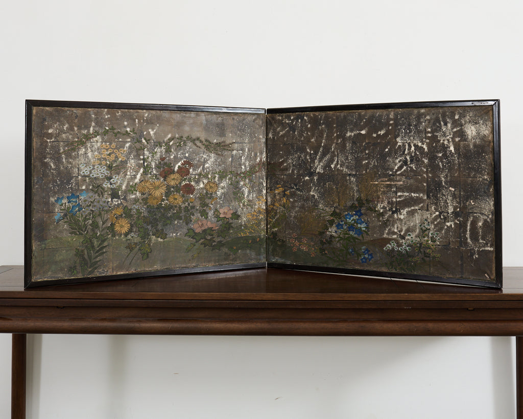 Japanese Meiji Two Panel Screen Flowering Autumn Plants