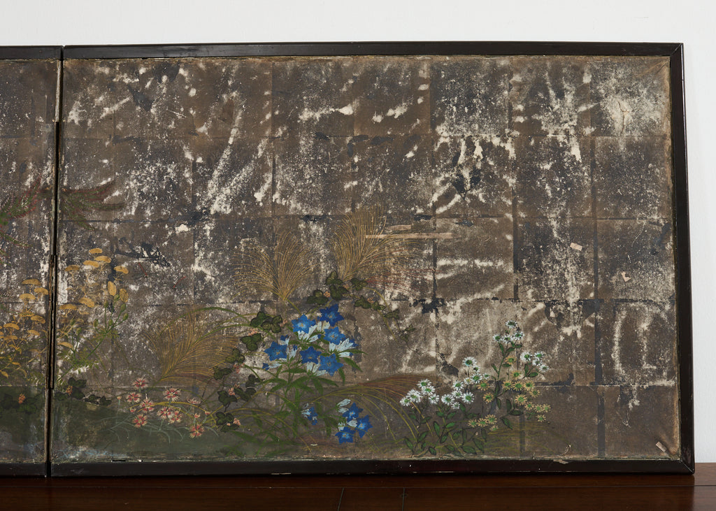 Japanese Meiji Two Panel Screen Flowering Autumn Plants