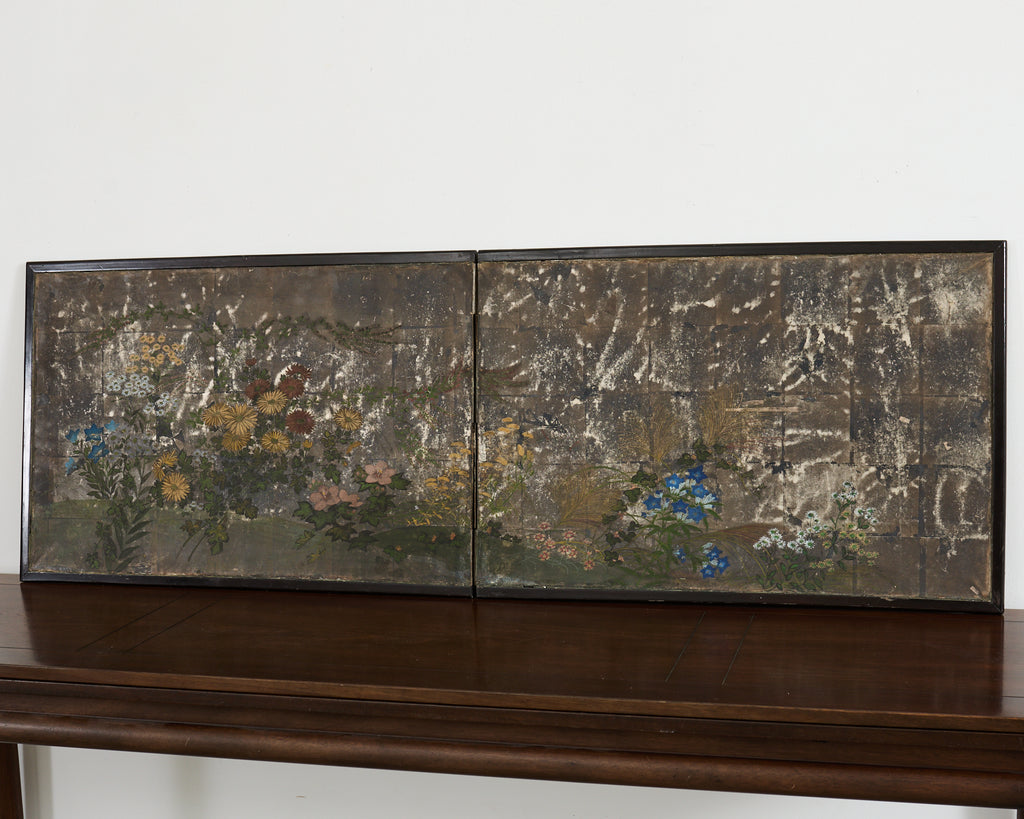 Japanese Meiji Two Panel Screen Flowering Autumn Plants