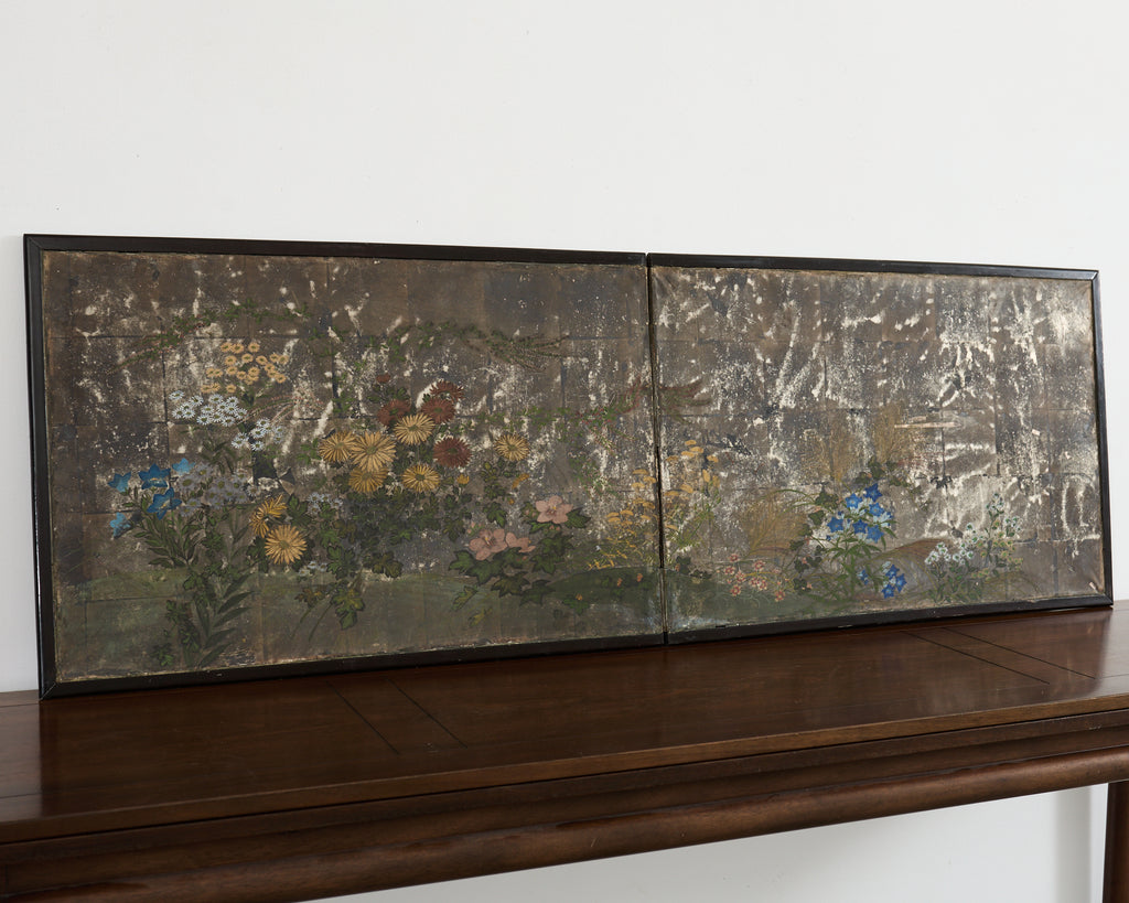 Japanese Meiji Two Panel Screen Flowering Autumn Plants