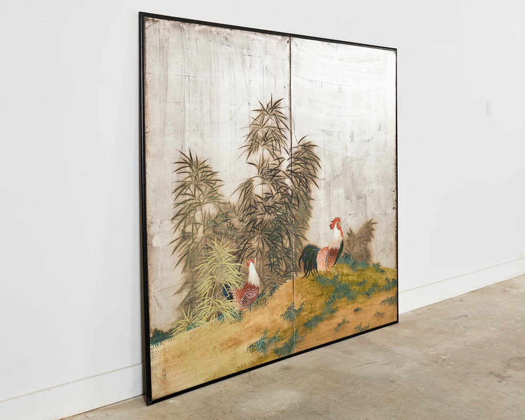 Japanese Taisho Two Panel Screen Rooster and Hen by Kocho