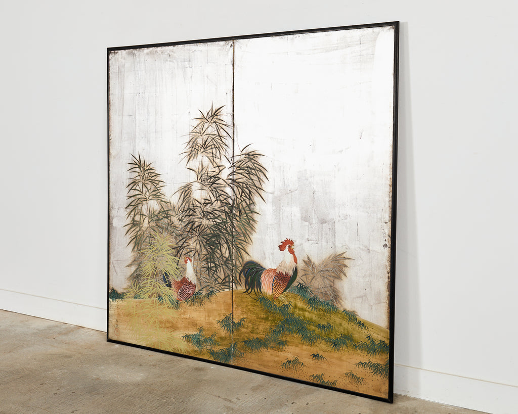 Japanese Taisho Two Panel Screen Rooster and Hen by Kocho