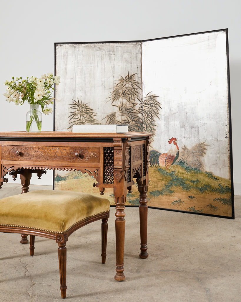 Japanese Taisho Two Panel Screen Rooster and Hen by Kocho