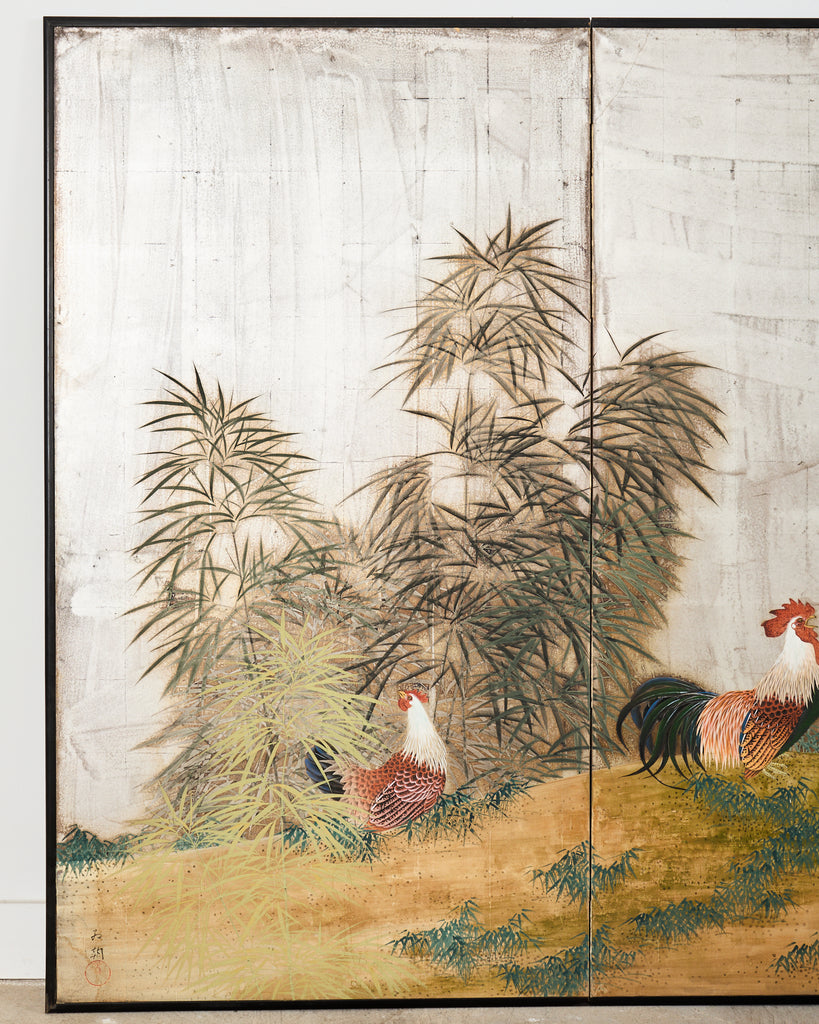 Japanese Taisho Two Panel Screen Rooster and Hen by Kocho