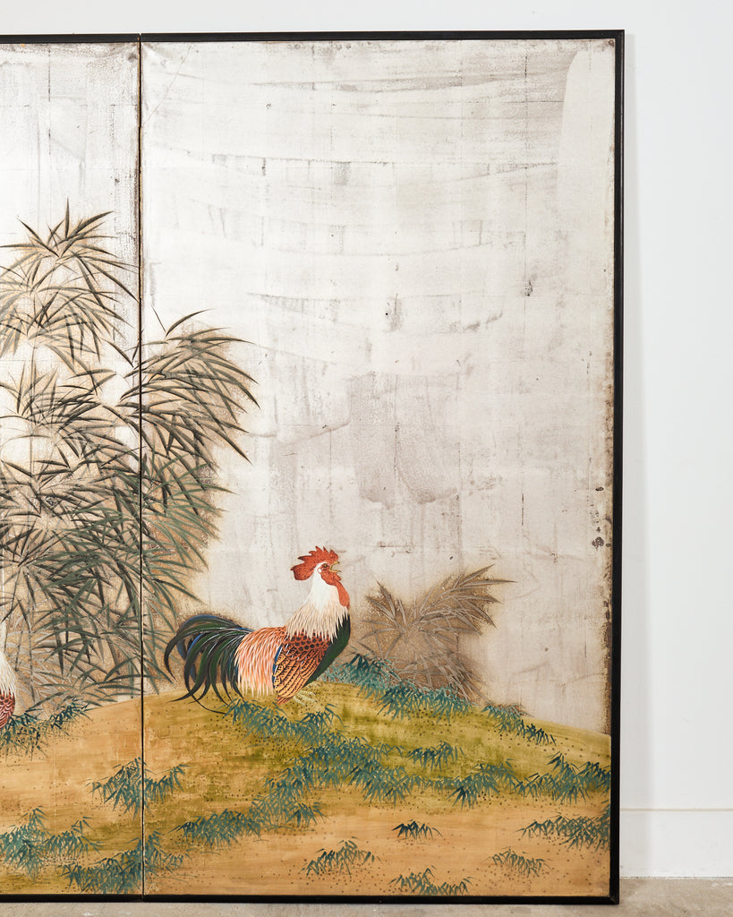 Japanese Taisho Two Panel Screen Rooster and Hen by Kocho