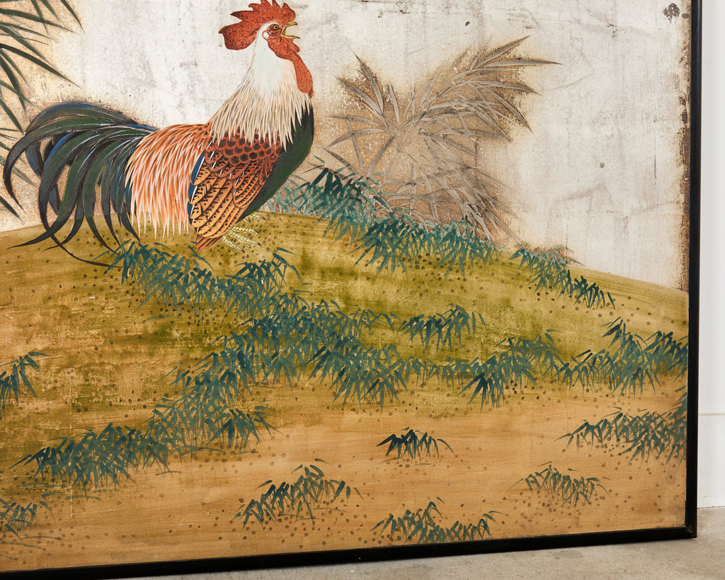 Japanese Taisho Two Panel Screen Rooster and Hen by Kocho