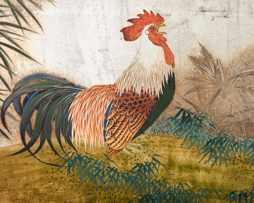 Japanese Taisho Two Panel Screen Rooster and Hen by Kocho