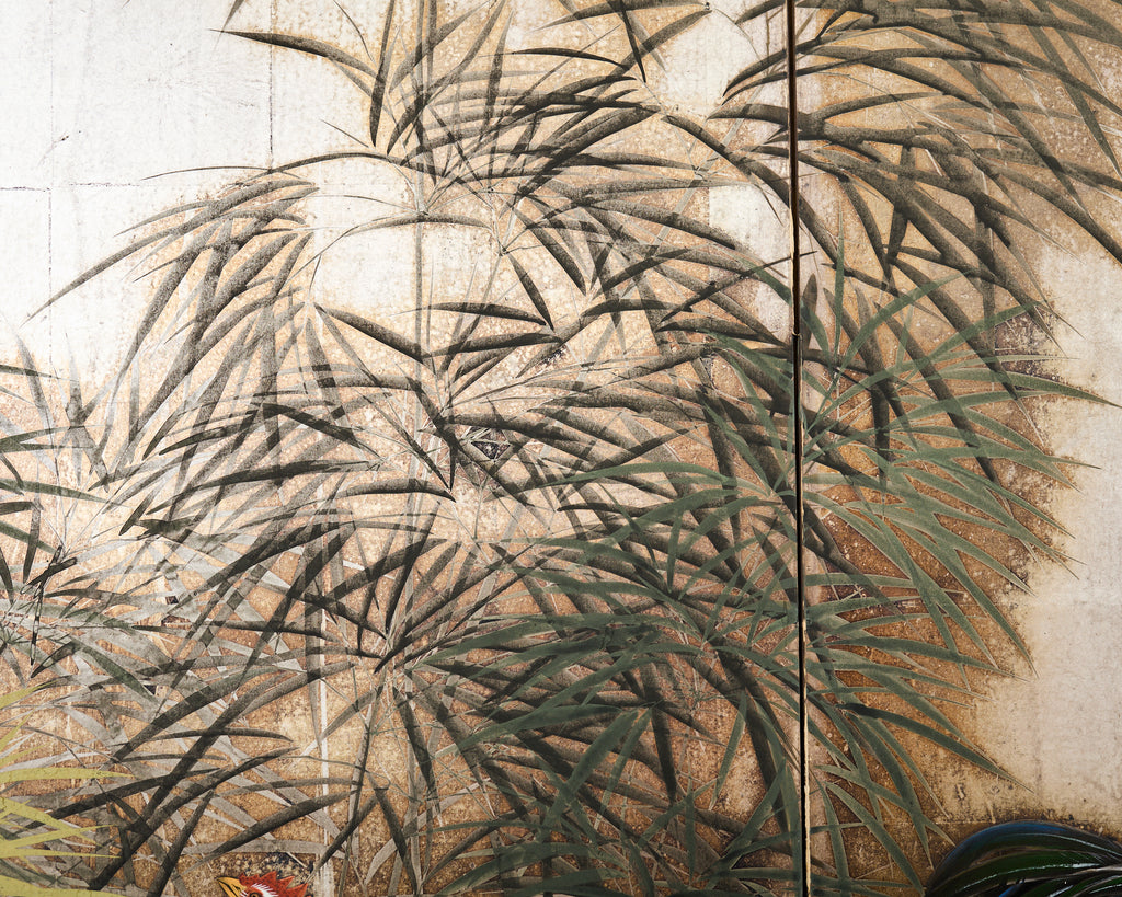Japanese Taisho Two Panel Screen Rooster and Hen by Kocho
