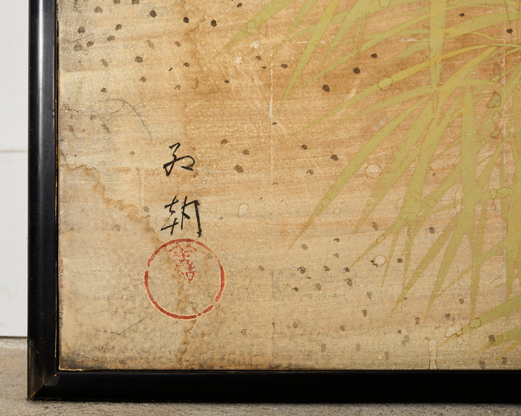 Japanese Taisho Two Panel Screen Rooster and Hen by Kocho