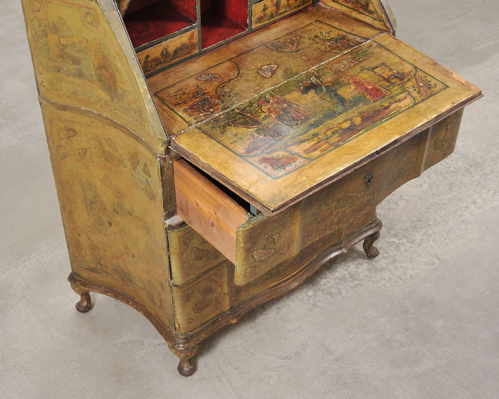 19th Century Venetian Lacquer Painted Secretary Bookcase Desk