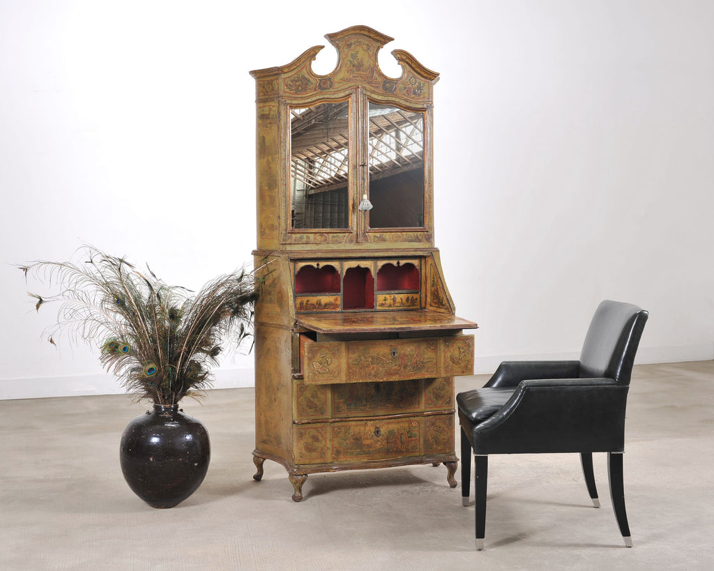 19th Century Venetian Lacquer Painted Secretary Bookcase Desk