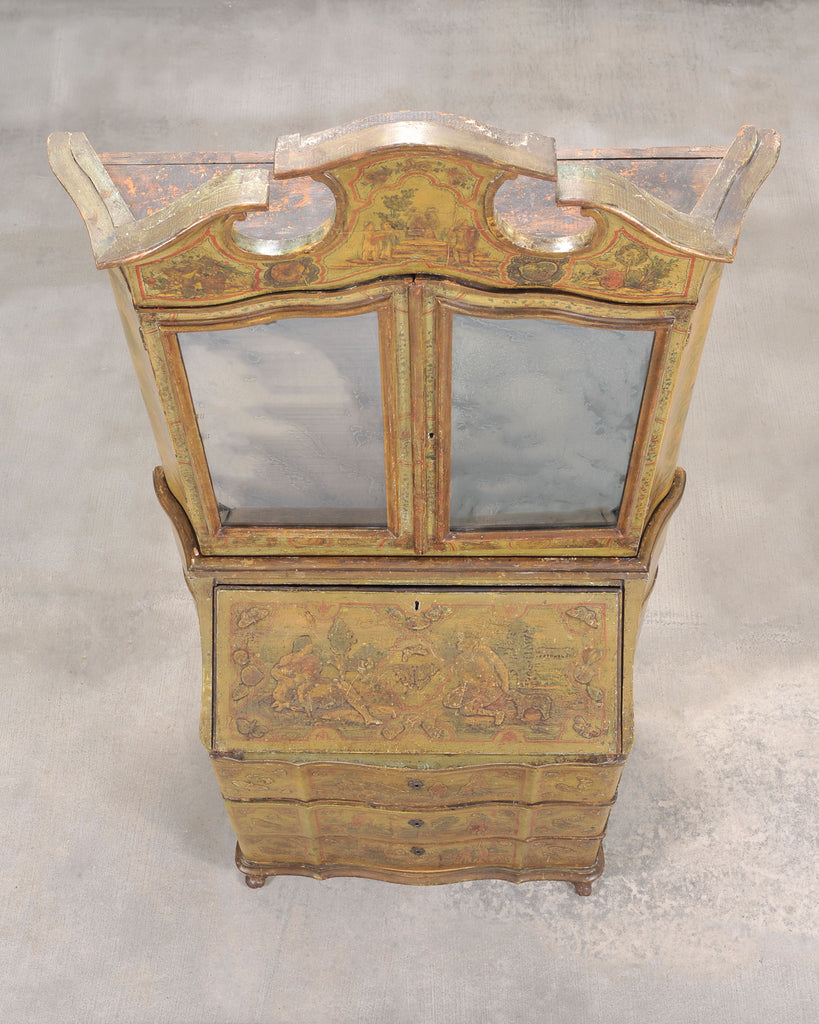 19th Century Venetian Lacquer Painted Secretary Bookcase Desk