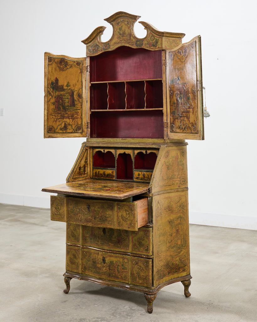 19th Century Venetian Lacquer Painted Secretary Bookcase Desk
