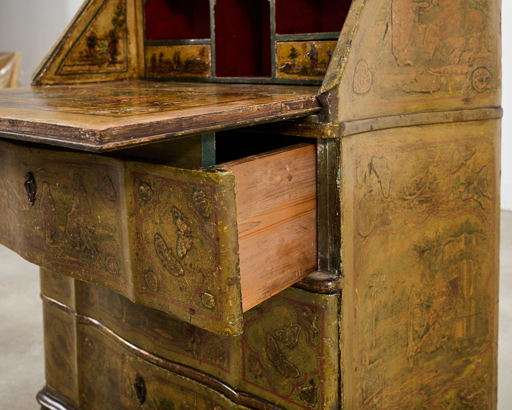 19th Century Venetian Lacquer Painted Secretary Bookcase Desk