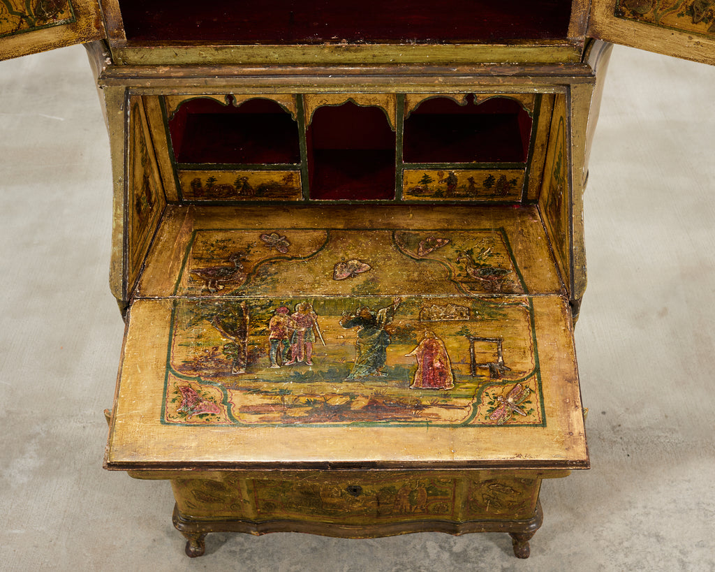 19th Century Venetian Lacquer Painted Secretary Bookcase Desk