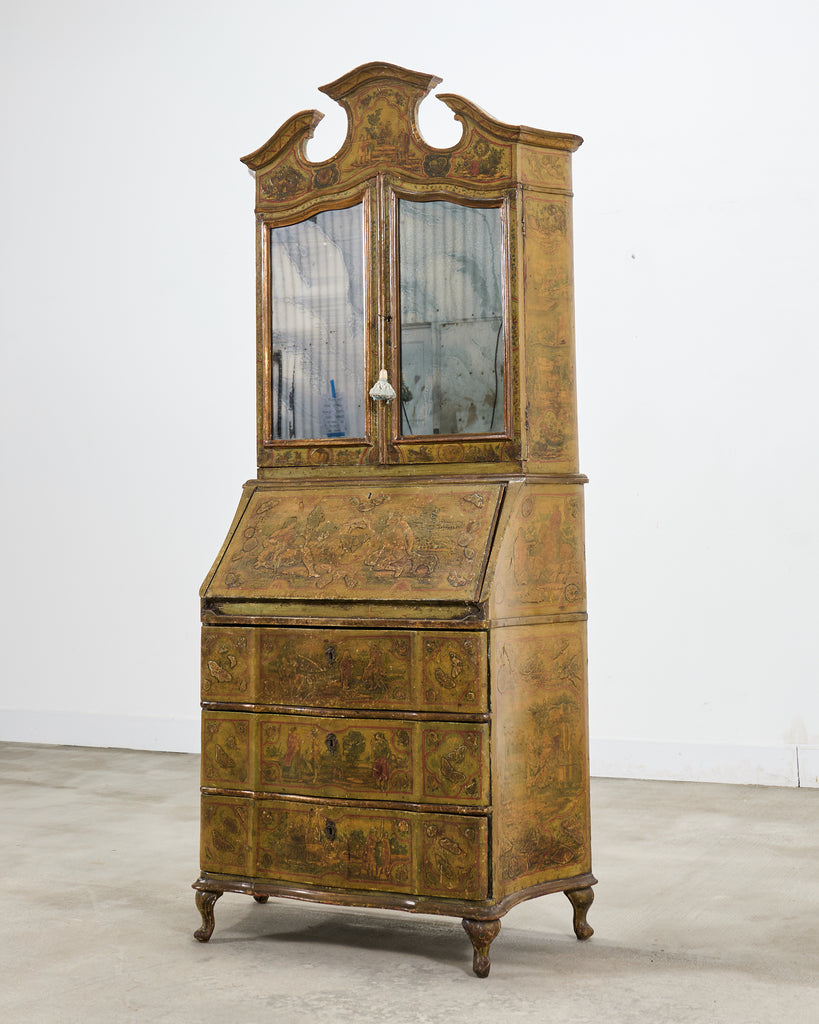 19th Century Venetian Lacquer Painted Secretary Bookcase Desk
