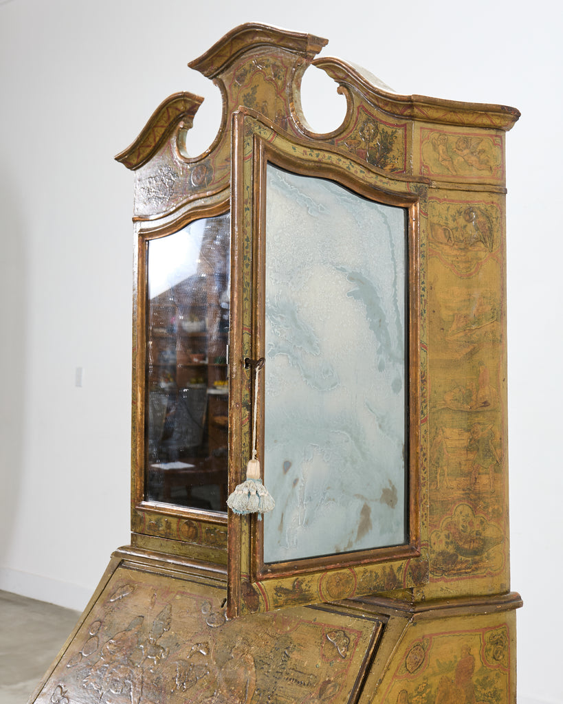 19th Century Venetian Lacquer Painted Secretary Bookcase Desk