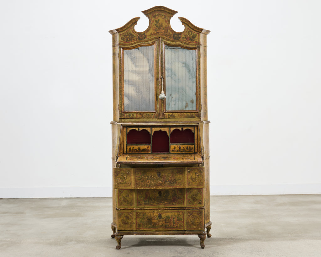 19th Century Venetian Lacquer Painted Secretary Bookcase Desk