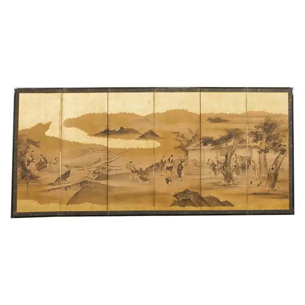 Japanese Edo Six Panel Screen Merrymaking in the Chinese Countryside