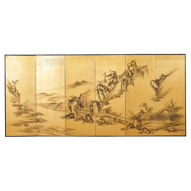 Japanese Style Showa Six Panel Screen Chinese Gilt Mountain Landscape