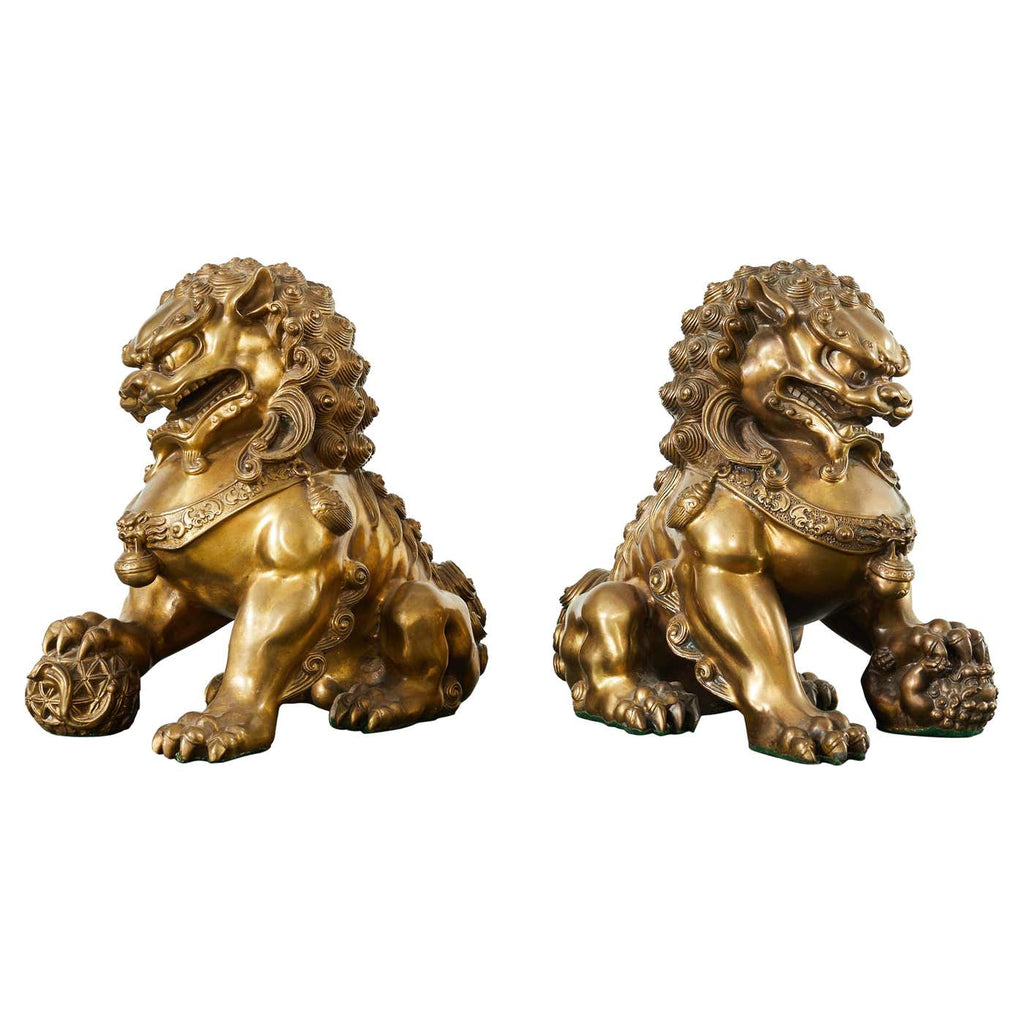Pair of Chinese Bronzed Metal Buddhist Temple Foo Dogs Lions