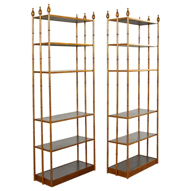 Pair of Italian Regency Faux Bamboo Iron Etagere Display Shelves