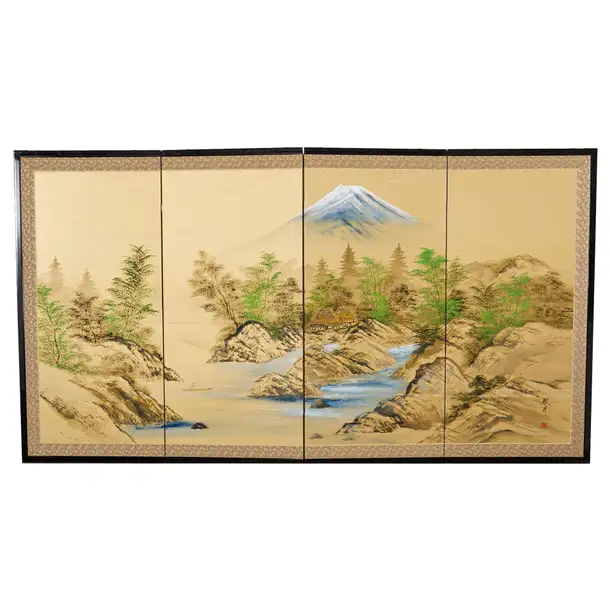 Japanese Showa Four Panel Screen Mount Fuji Landscape