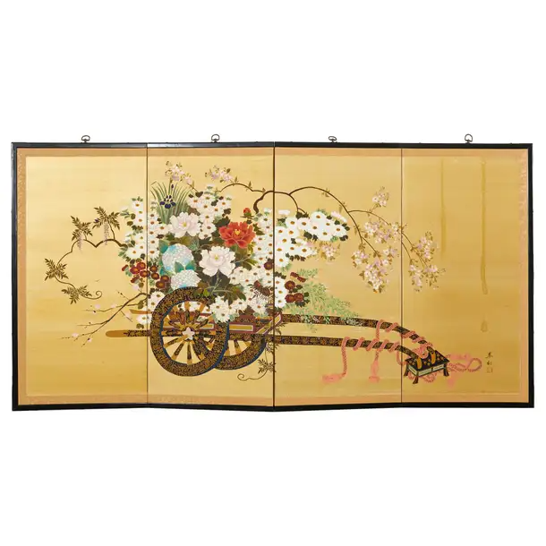 Japanese Showa Four Panel Screen Hanaguruma Flower Cart