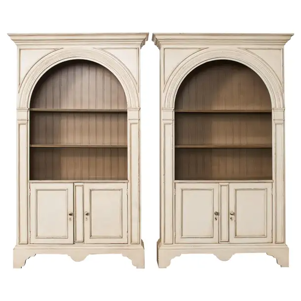 Pair of Baker Architectural Neoclassical Style Painted Library Bookcases