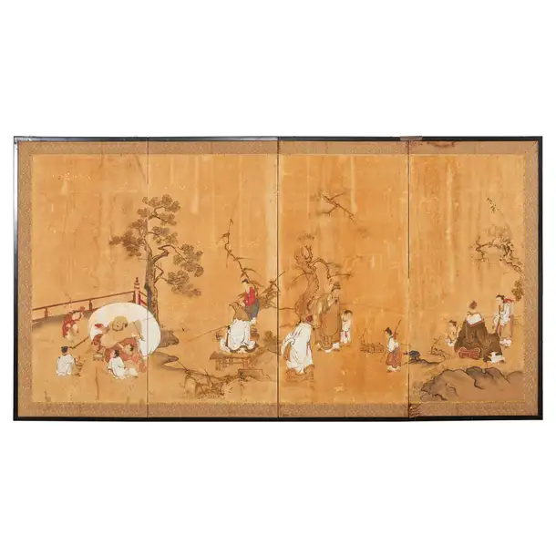 17th Century Japanese Edo Four Panel Screen Hotei with Chinese Sages