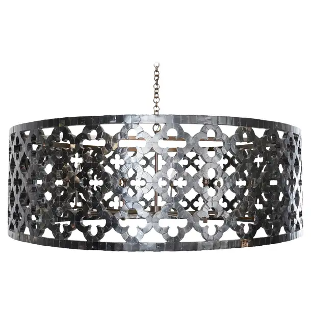 Monumental Horn Veneer Quatrefoil Ten Light Drum Chandelier