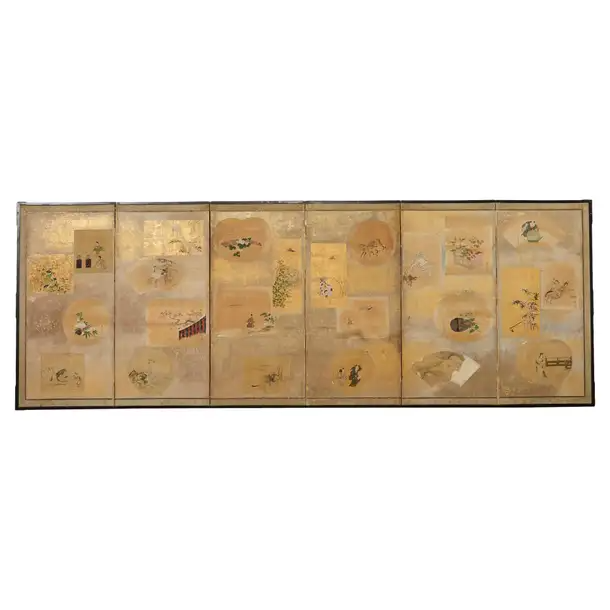 Japanese Edo Six Panel Screen Kano School Applied Vignettes