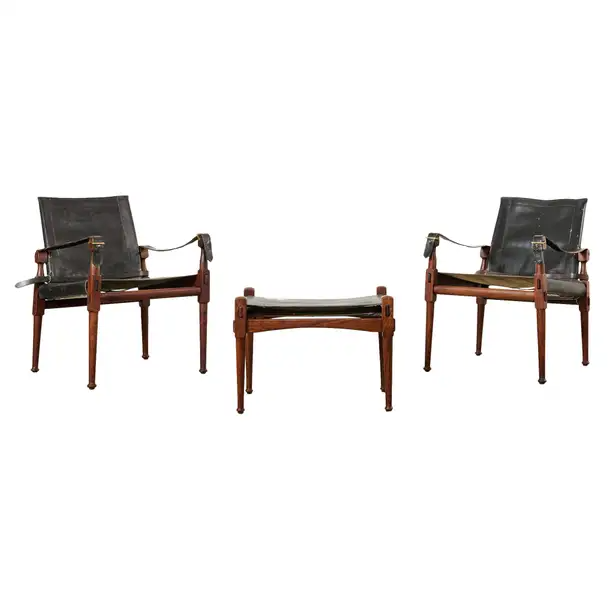 Pair of Hayat Bros. Leather Campaign Safari Chairs & Ottoman