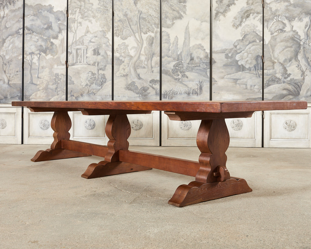 Monumental Country French Provincial Oak Farmhouse Trestle Dining Table