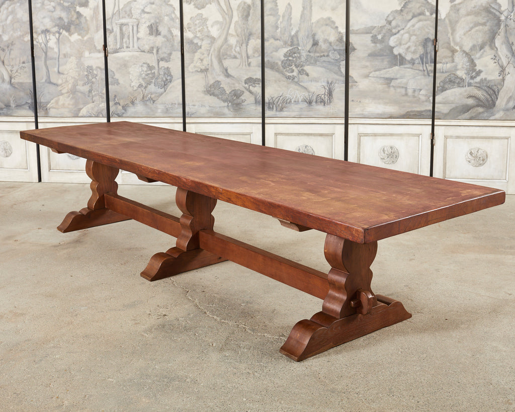 Monumental Country French Provincial Oak Farmhouse Trestle Dining Table