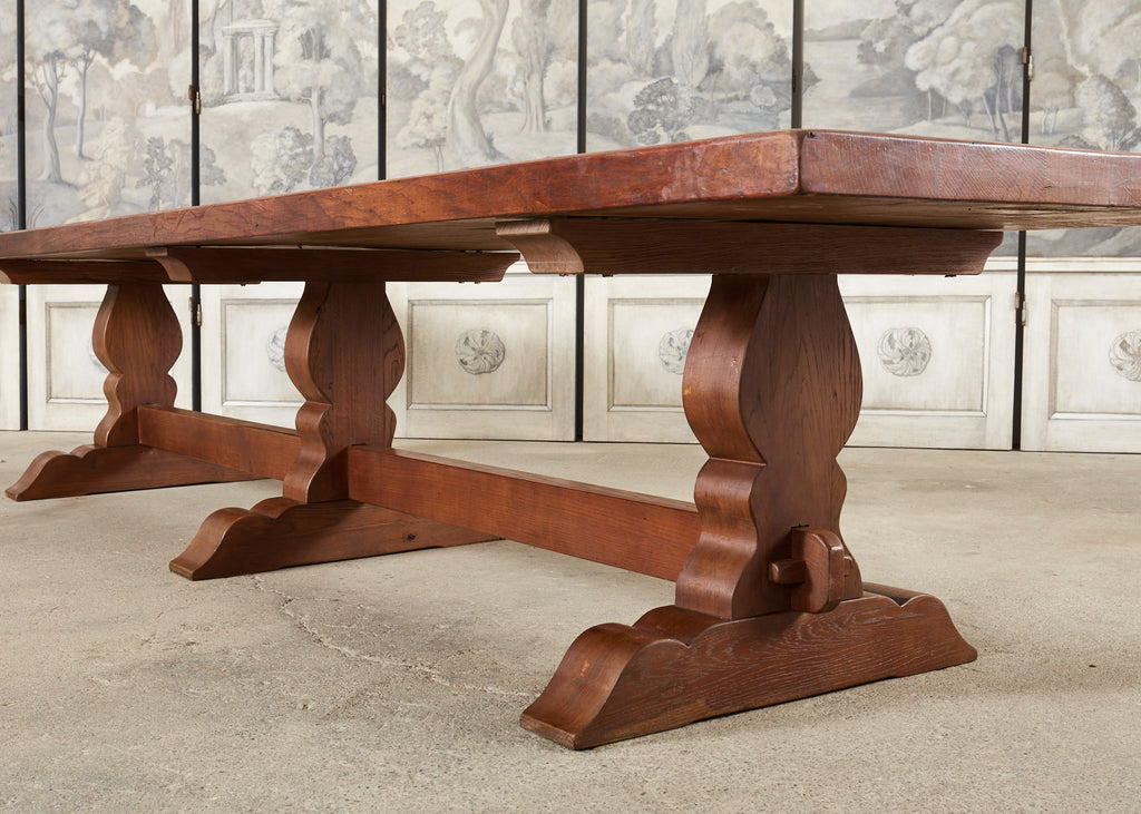 Monumental Country French Provincial Oak Farmhouse Trestle Dining Table
