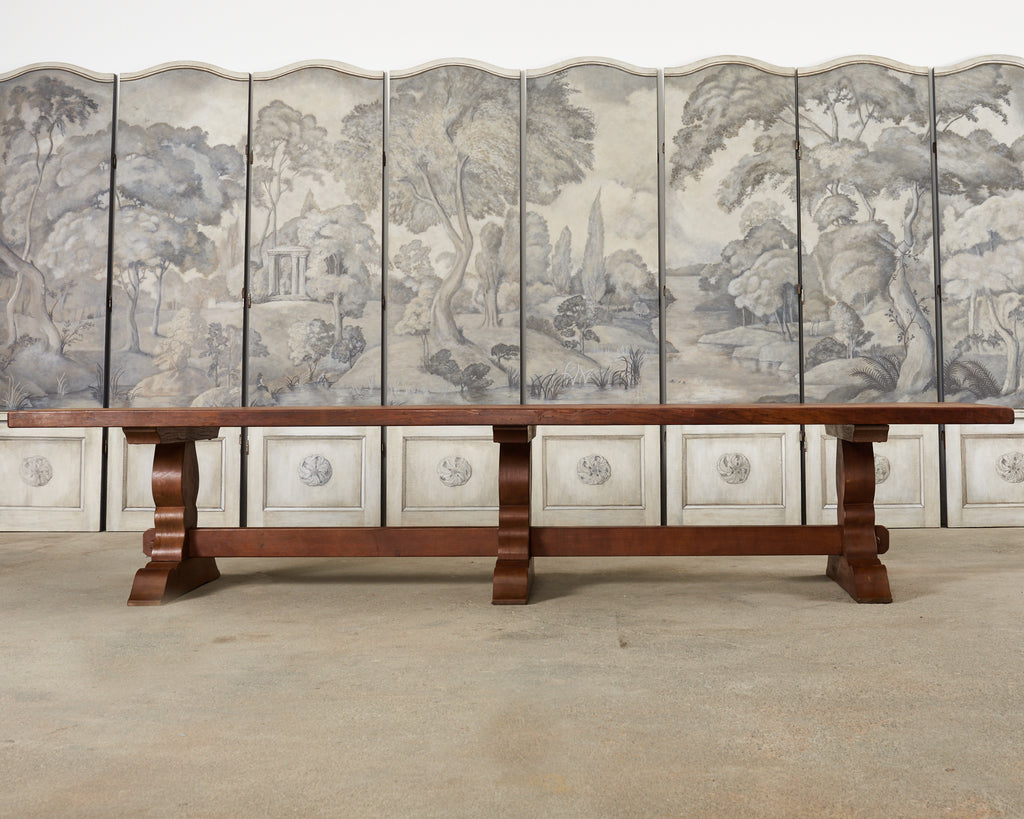 Monumental Country French Provincial Oak Farmhouse Trestle Dining Table