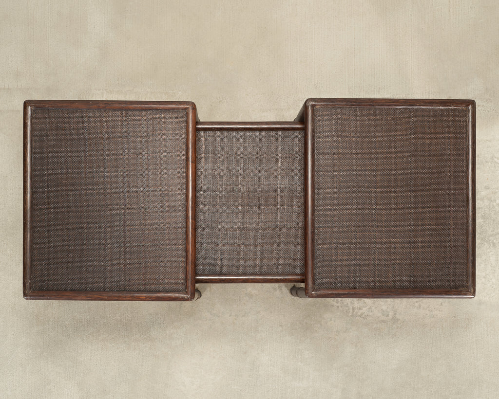 Nest of Three McGuire Rattan Cane Raffia and Oak Side Tables
