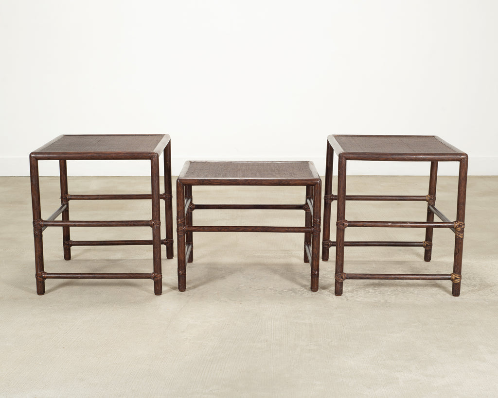 Nest of Three McGuire Rattan Cane Raffia and Oak Side Tables