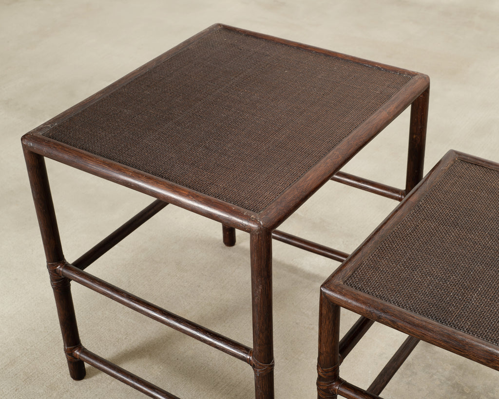 Nest of Three McGuire Rattan Cane Raffia and Oak Side Tables