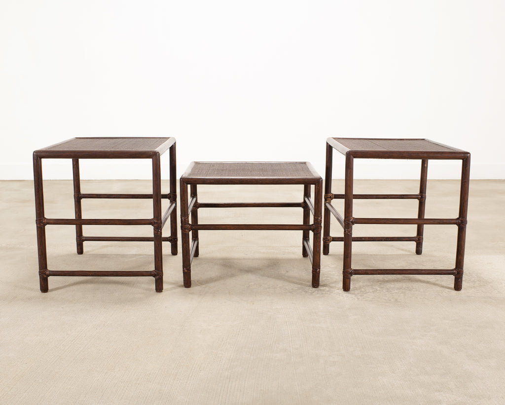Nest of Three McGuire Rattan Cane Raffia and Oak Side Tables