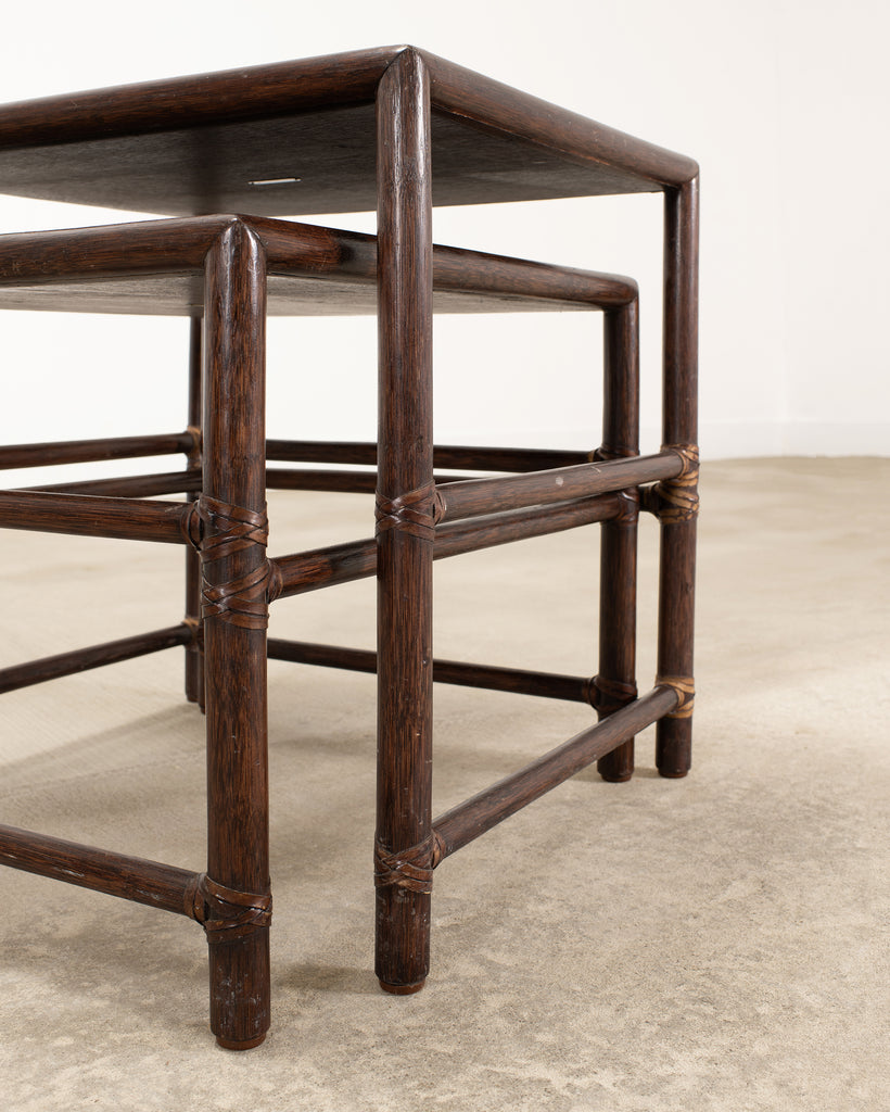 Nest of Three McGuire Rattan Cane Raffia and Oak Side Tables