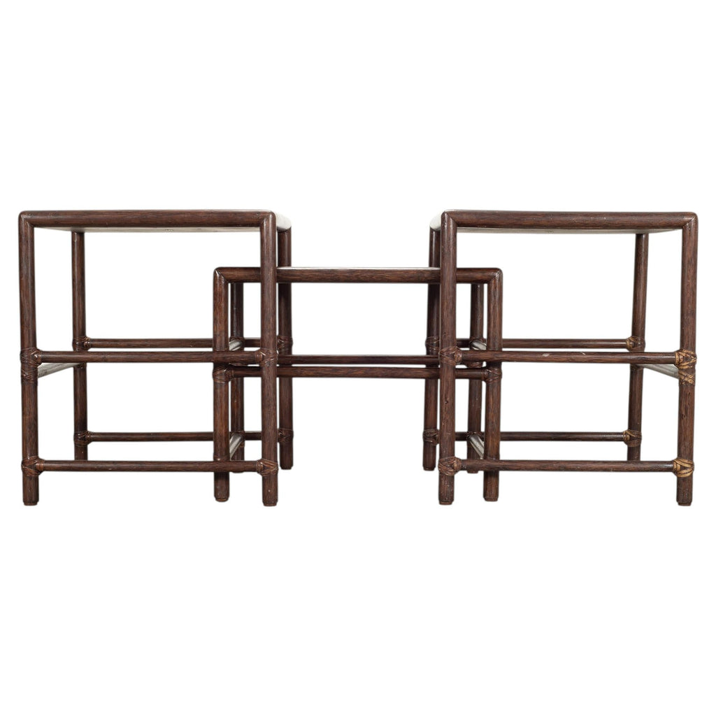 Nest of Three McGuire Rattan Cane Raffia and Oak Side Tables
