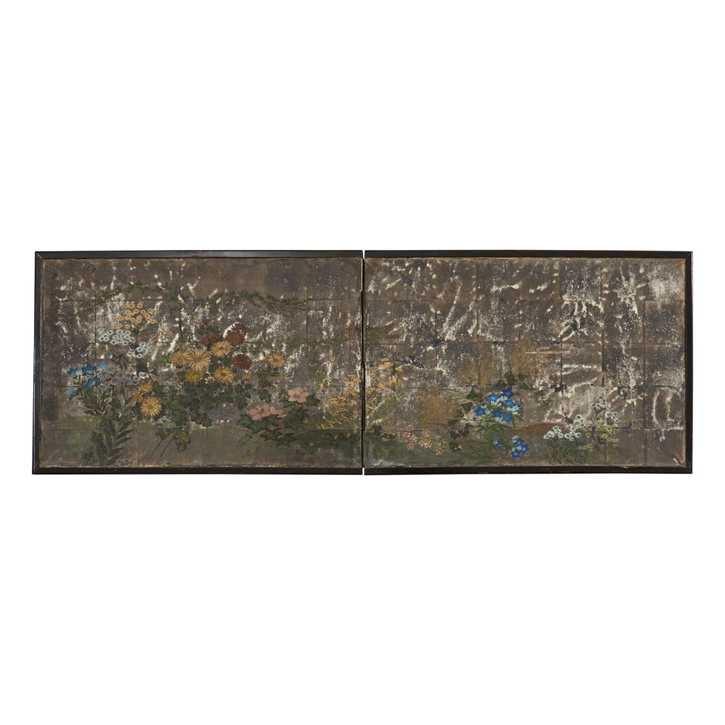 Japanese Meiji Two Panel Screen Flowering Autumn Plants