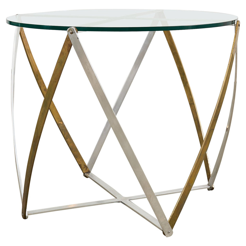 John Vesey Brass and Steel Glass Top Spool Drinks Table