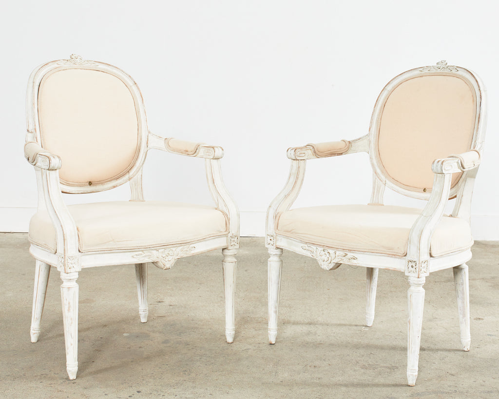 Set of Four Louis XVI Gustavian Style Painted Dining Armchairs